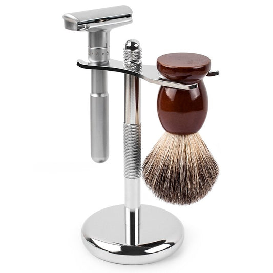Kit Q Shave - Double Edge Cinza com Pincel e Suporte (4634592247854)